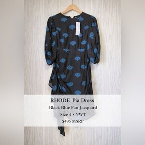 Rhode Pia Dress Black Blue Fan Jacquard Long Sleeve Draped Mini NWT – $495 MSRP